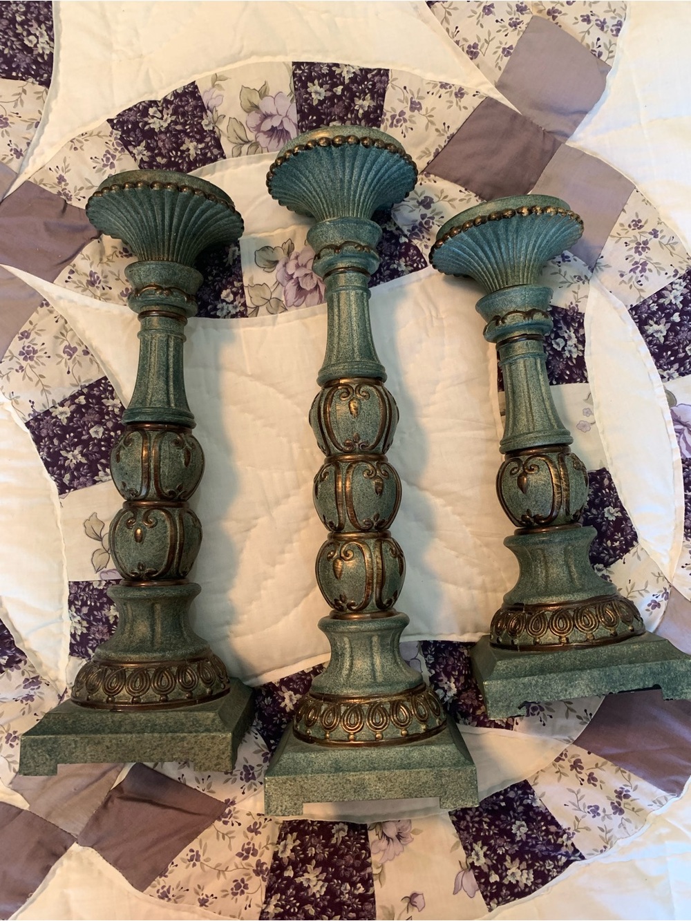 Vintage-Style Teal & Bronze Decorative Candlestick Set of 3